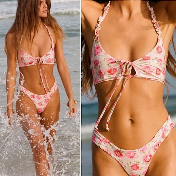 LoveShackFancy 🌸 Floral Halter Ruffle Tri | Cinched Bikini Bottoms 👙🏝️ - Picture 1 of 16